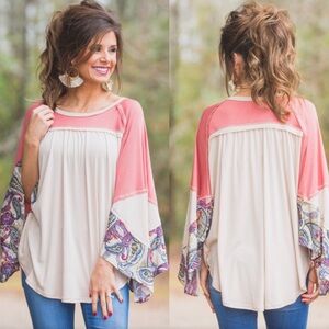 Women's Pink and Cream Paisley Sleeve Top